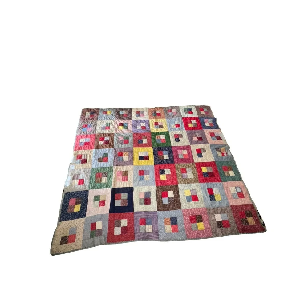 Antiques Country Squares Quilt, Handmade Patchwork Quilt Fits a queen bed FLAWED